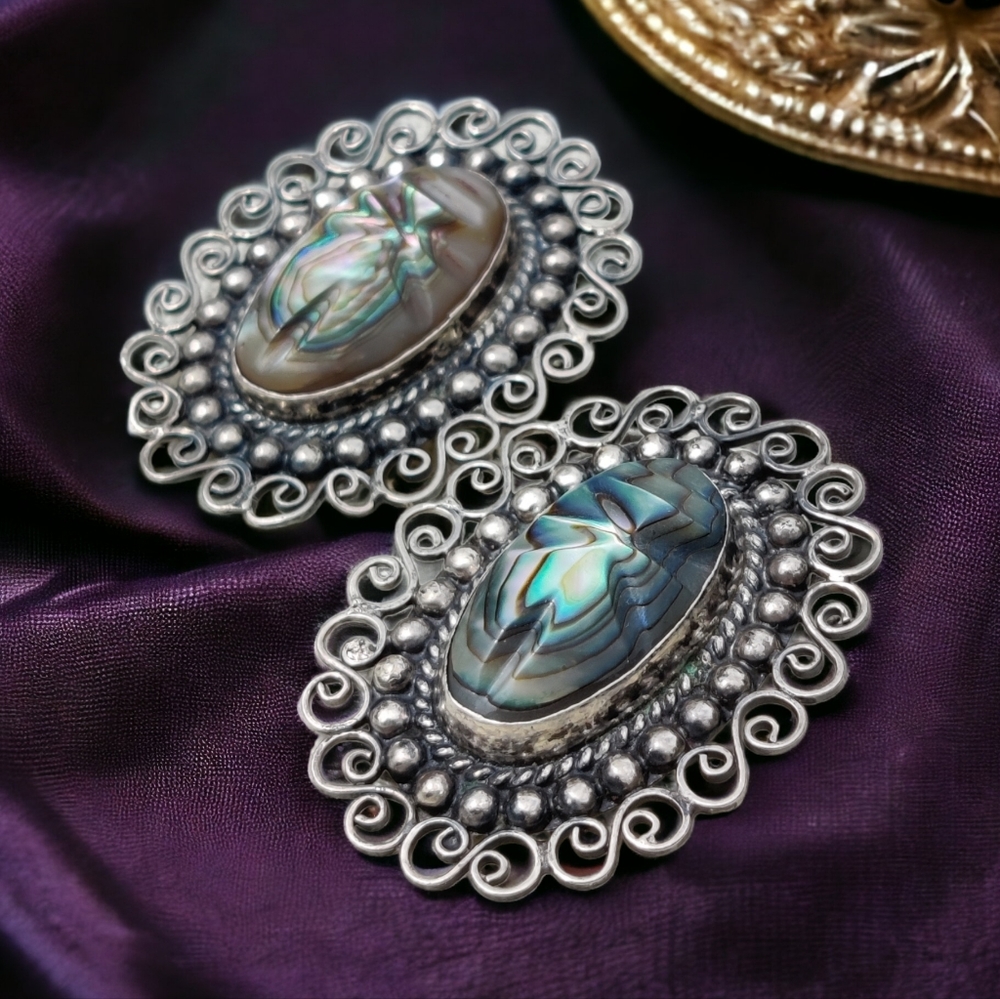 Vintage Abalone Shell Silver Filigree Earrings - Iridescent Green Blue